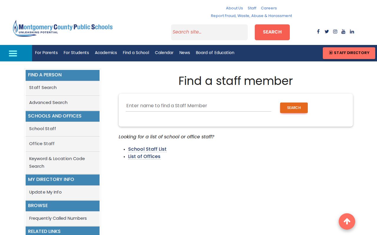 Montgomery Village people directories MCPS staff search