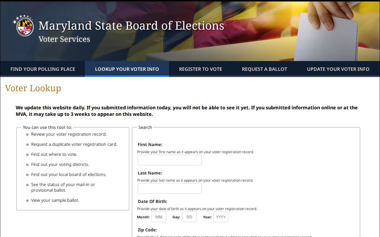 Montgomery Village voter registration lookup on the Maryland election portal